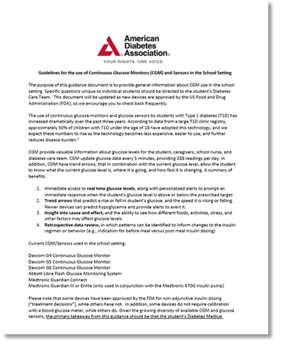 CGM Guidelines at SchoolAmerican Diabetes Association 2019