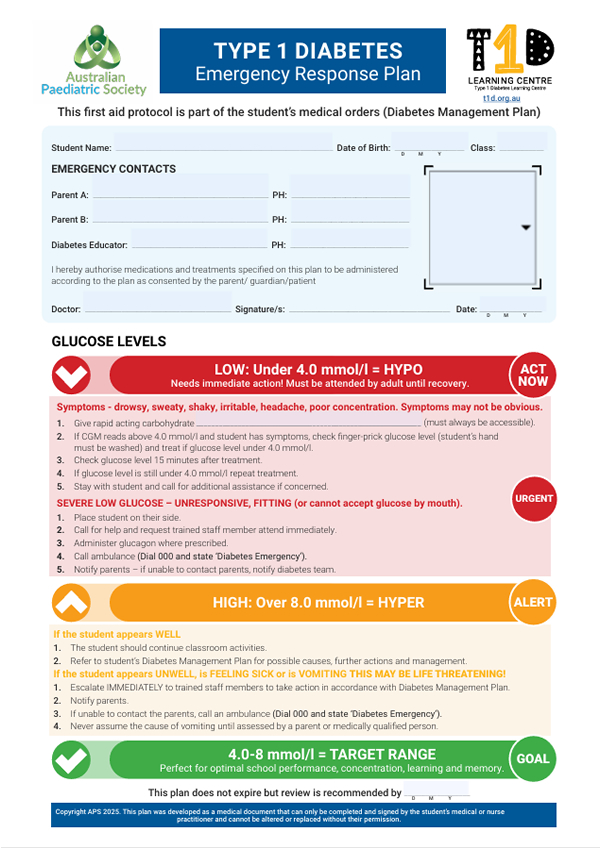 T1D Emergency Response Plan lower glucose limit 4.0mmol